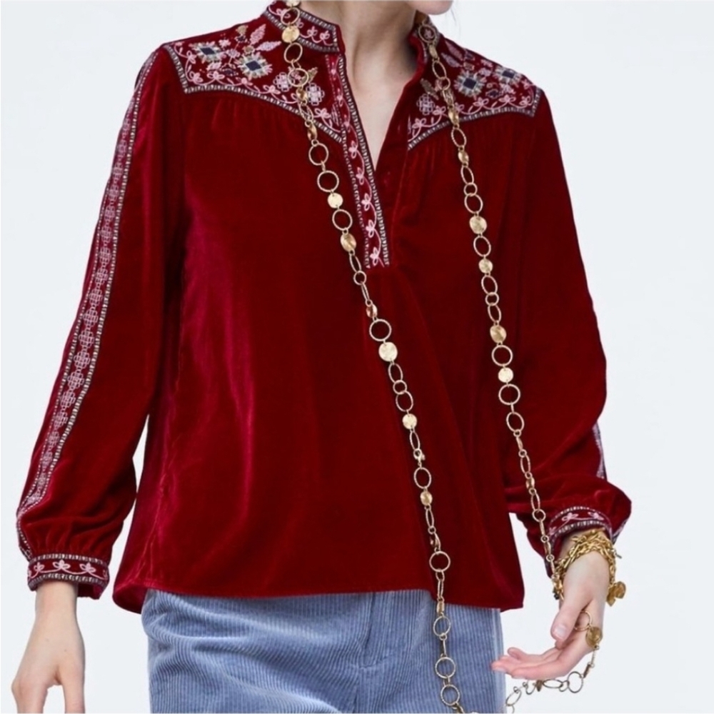 Zara Burgundy Velvet Embroidered Boho Blouse Size Small